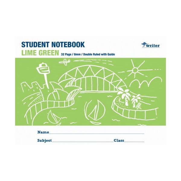 Writer Student Notebook 32 Page Double Ruled Guide 8mm Lime Green