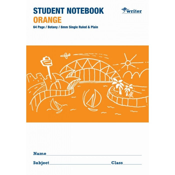 Writer Student Notebook 64 Page 8mm Single Ruled and Plain Orange