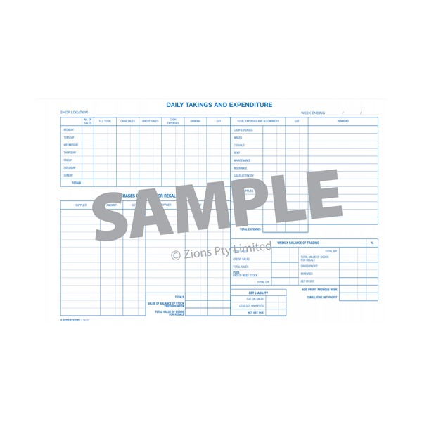 Zions Daily Takings and Expenditure Record Book