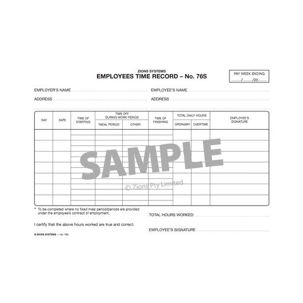 Zions Employee Time Record Sheet