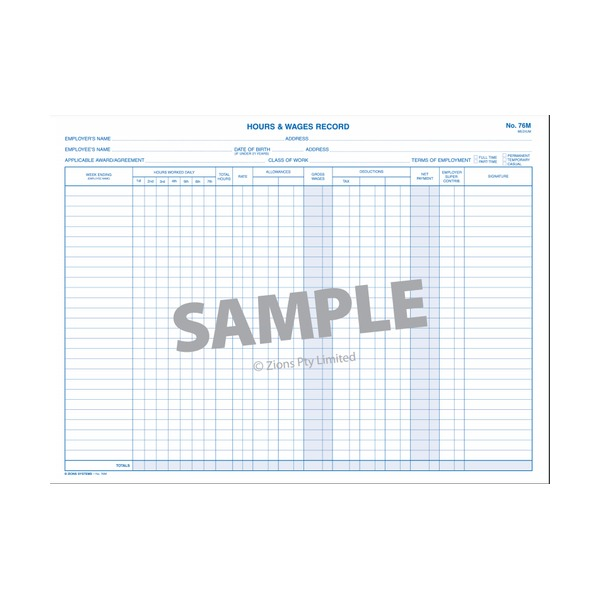 Zions Hours and Wages Record Book Medium