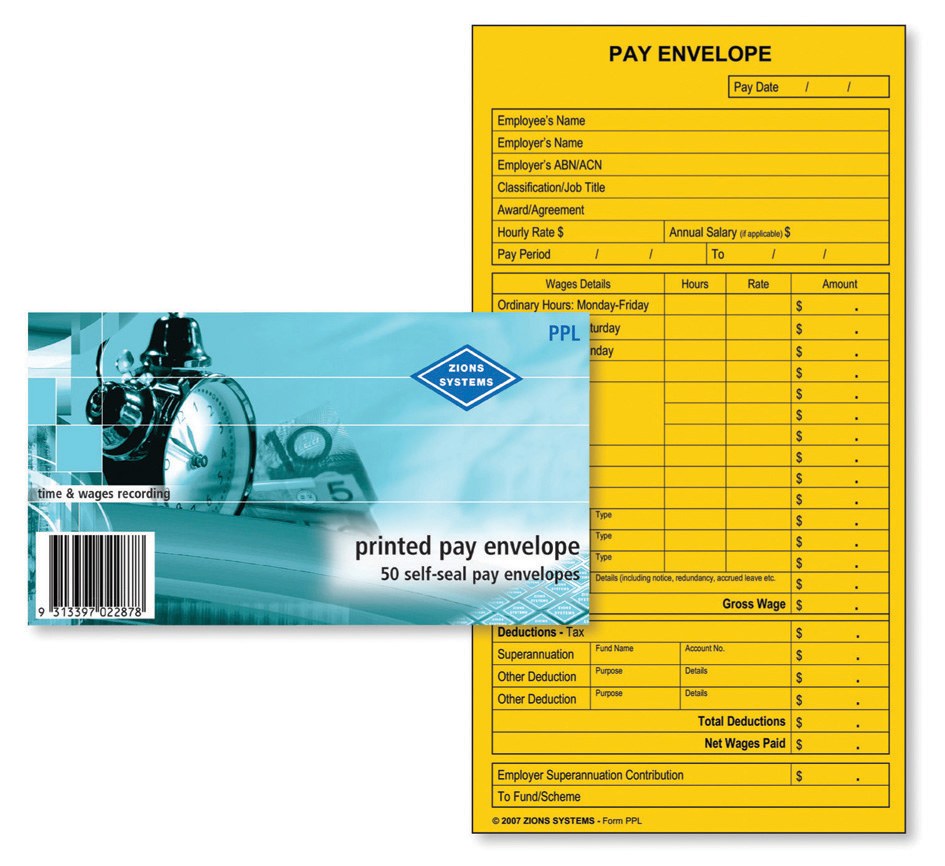 Zions Printed Pay Envelopes Self Seal 90 x 165mm Pack of 50