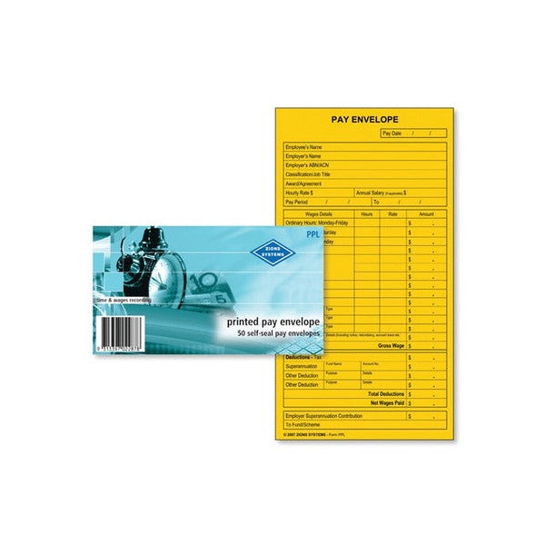 Zions Printed Pay Envelopes Self Seal 90 x 165mm Pack of 50