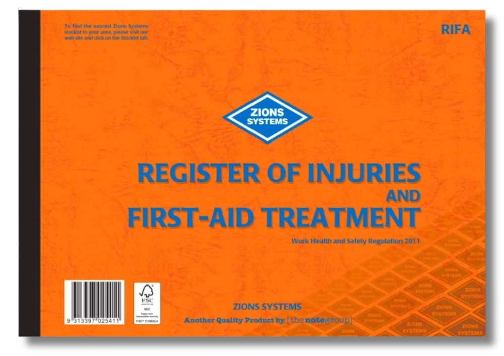Zions Register of Injuries and First Aid Treatment Book