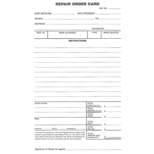 Zions Repair Order Cards Pack of 250