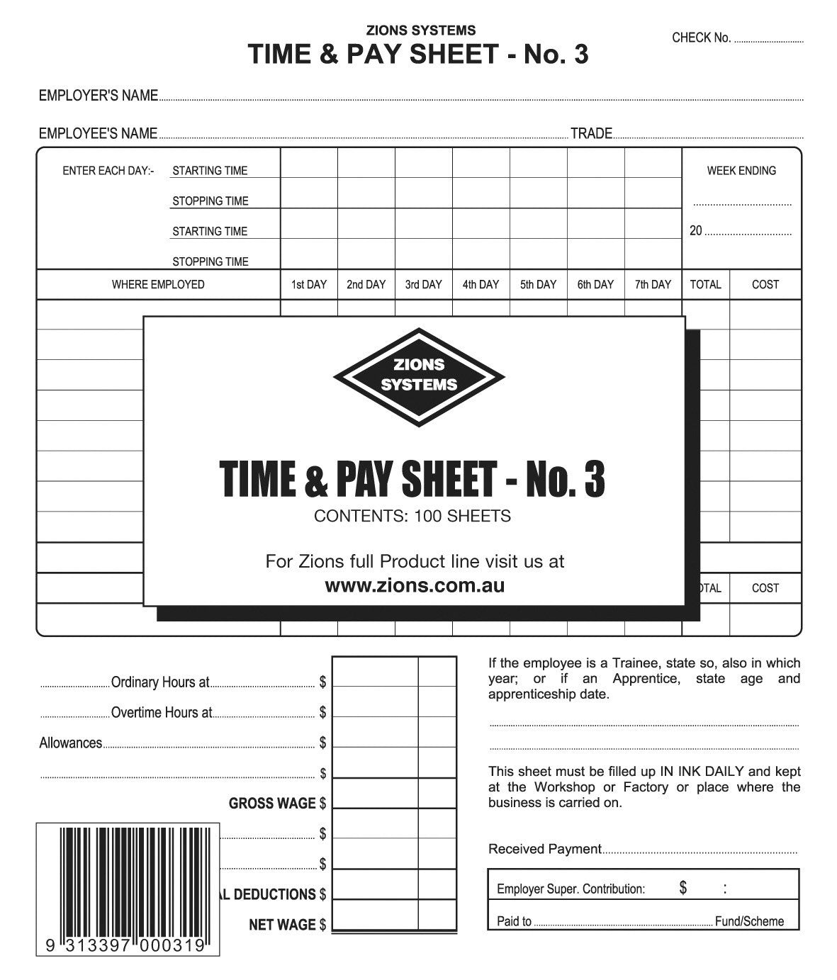Zions Time Sheets and Cards No. 3 General Pack of 100