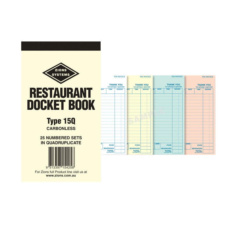 Zions Carbonless Quadruplicate Restaurant Docket Book
