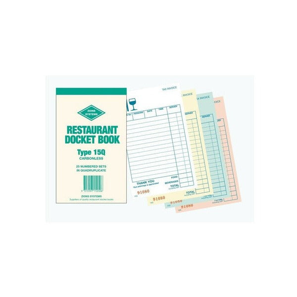 Zions Carbonless Quadruplicate Restaurant Docket Book