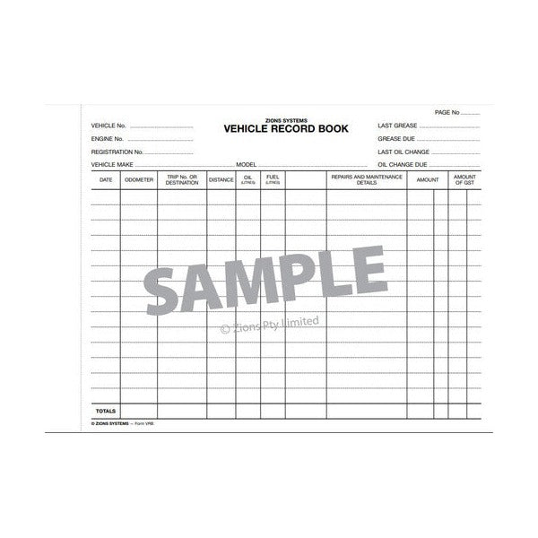 Zions Vehicle Record Book Duplicate