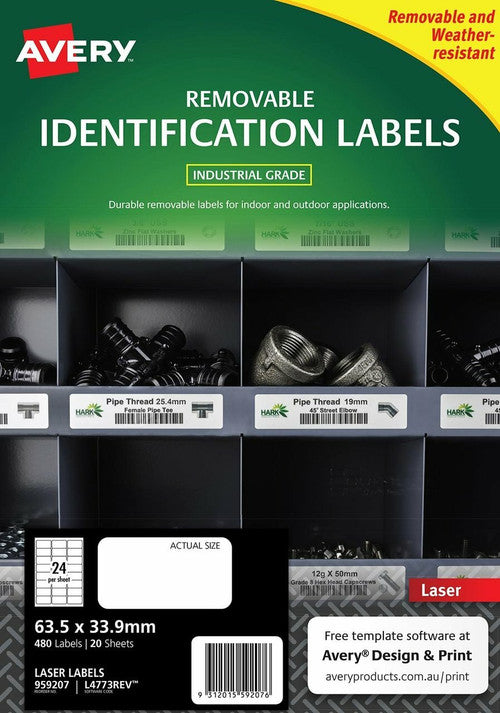 Avery Removable White Heavy Duty Labels L4773REV 63.5 x 33.9mm 24UP 480 Labels