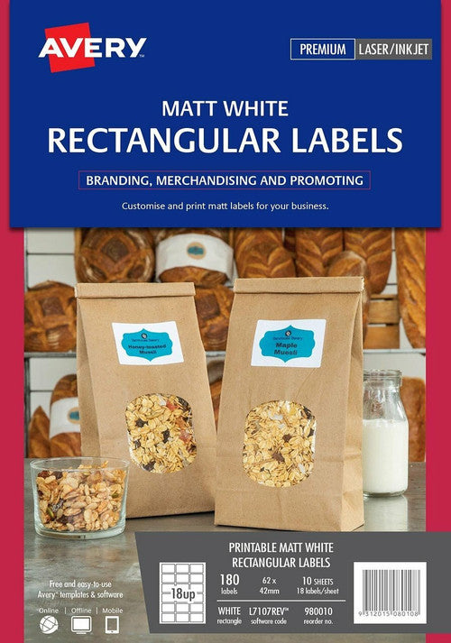 Avery Matt Rectangle Labels L7107REV 62 x 42mm 18UP Pack 180