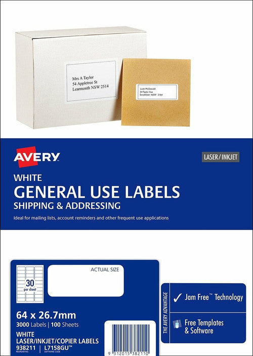 Avery White General Use Labels L7158GU 64 x 26.7mm 30UP 3000 Labels