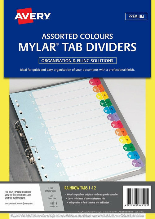 Avery Rainbow Manilla Index Dividers 1-12 12 Tab