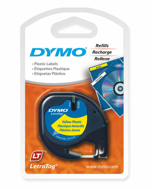 Dymo LetraTag Label Tape 12mm x 4m Black on Yellow Plastic Single Roll
