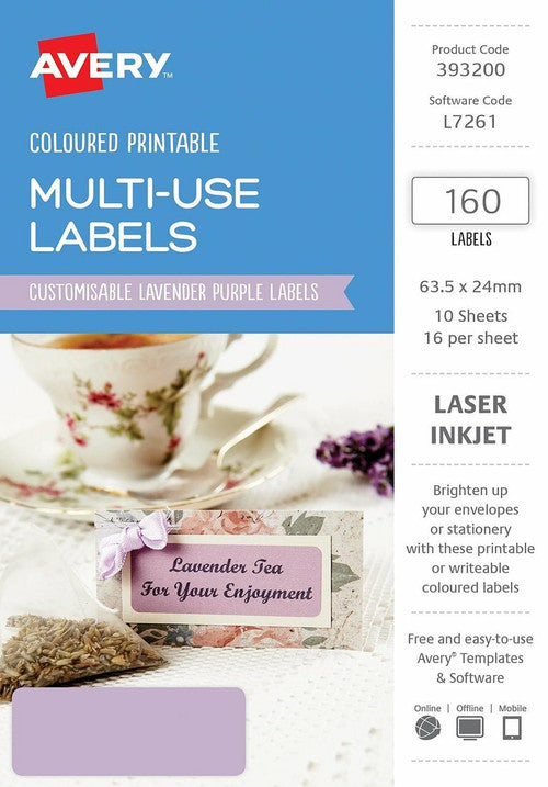 Avery Multi-Use Lavender Purple Labels L7261 63.5 x 24mm 16UP 160 Labels