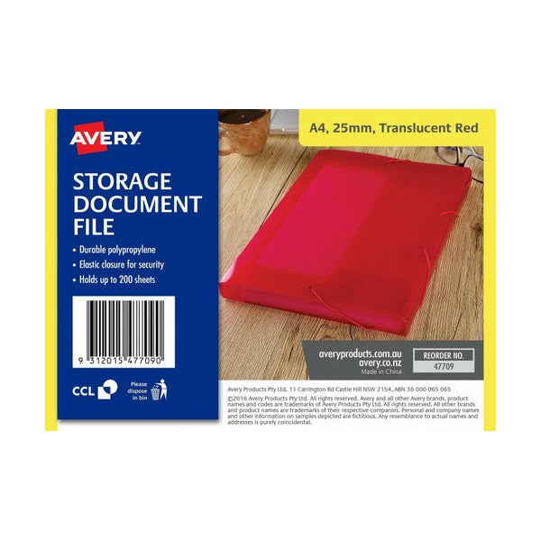 Avery Translucent Red Plastic Document File A4 200 Sheets