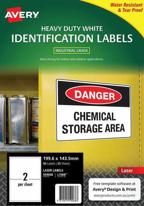 Avery White Heavy Duty Labels L7068 199.6 x 143.5mm 2UP 50 Labels