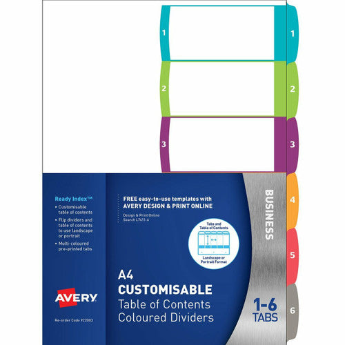 Avery Customisable Table of Contents Dividers 1-6 6 Tab L7411-6