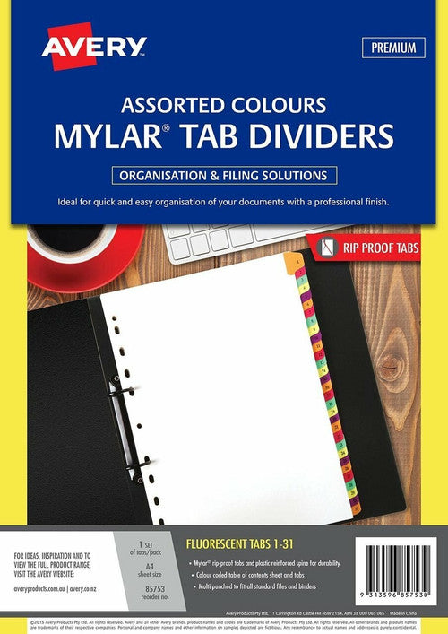 Avery Fluorescent Manilla Index Dividers 1-31 31 Tab
