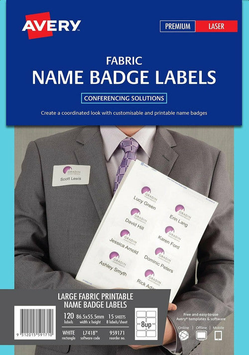 Avery Fabric Name Badge Labels L7418 55.5 x 86.5mm 120 Pack