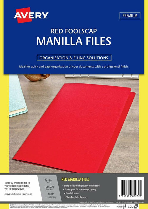 Avery Manilla Folders Foolscap Red Pack of 20