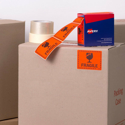 Avery Fragile Labels Fluoro Red 99.6 x 75mm Roll 750
