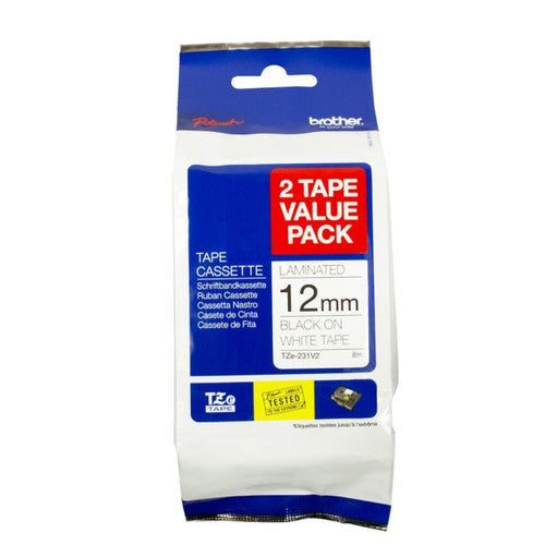 Brother TZe-231V2 Laminated Label Tape 12mm Black on White Twin Pack