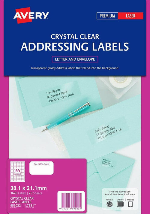 Avery Crystal Clear Address Labels L7551 38.1 x 21.2mm 65UP 1625 Labels