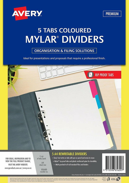 Avery Multi-Coloured Rewritable Index Dividers 5 Tab