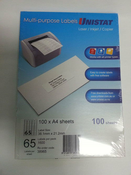 Unistat 38965 Multipurpose Labels 38.1 x 21.2mm 65UP 100 Sheets 6500 Labels