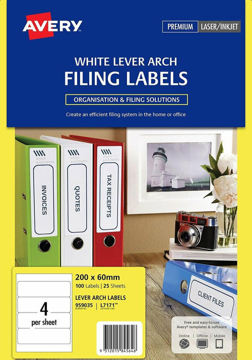 Avery Filing Labels Lever Arch Spine 200 x 60mm 4UP 100 Labels