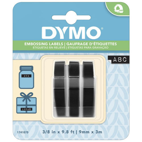 Dymo Tapewriter Embossing Tape 9mm x 3m Black Plastic Pack of 3 Rolls