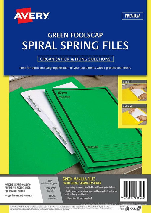 Avery Green Spiral Spring Action File Black Print Foolscap 270gsm 5 Pack