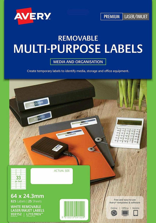Avery Removable Multi-purpose Labels L7157REV 64 x 24.3mm 33UP Pack 825