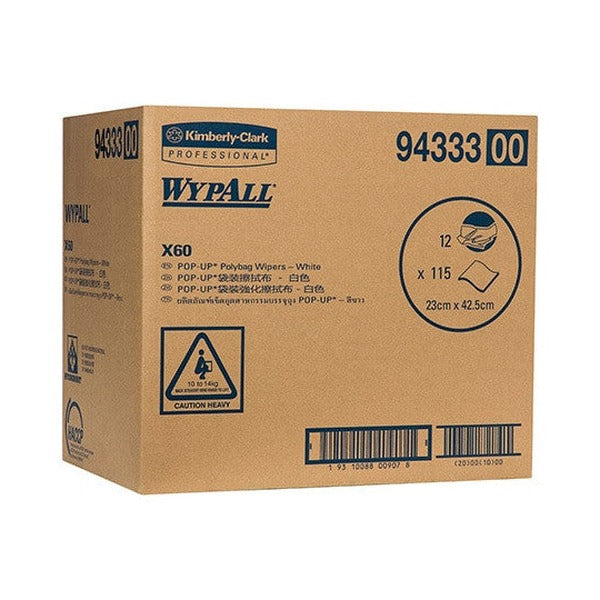 WypAll X60 Poly Bag Single Sheet Wiper White 115 Wipers Box of 12
