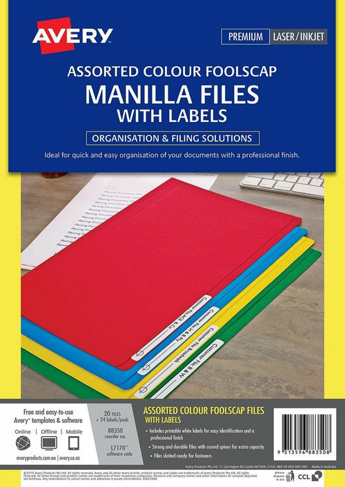 Avery Assorted Manilla Folders Foolscap Pack of 20 with L7170 Label Sheet