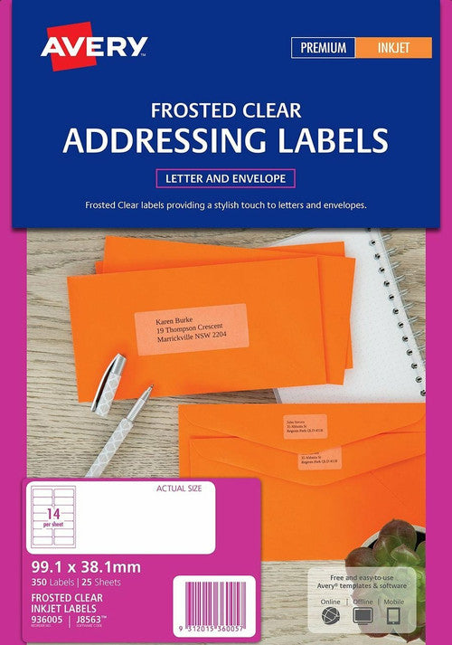 Avery Frosted Clear Address Labels J8563 99.1 x 38.1mm 14UP 350 Labels
