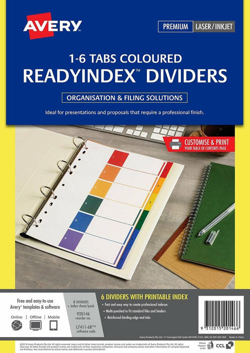 Avery Multi-Coloured ReadyIndex Dividers 1-6 6 Tab L7411-6