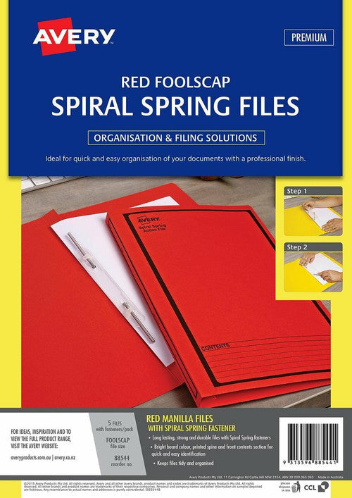 Avery Red Spiral Spring Action File Black Print Foolscap 270gsm 5 Pack