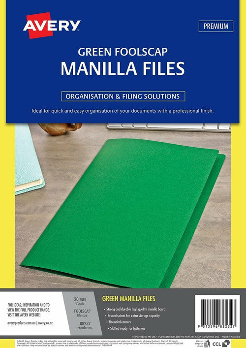 Avery Manilla Folders Foolscap Green Pack of 20