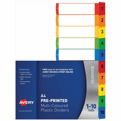 Avery Multi-Coloured ReadyIndex Dividers 1-10 10 Tab L7411-10
