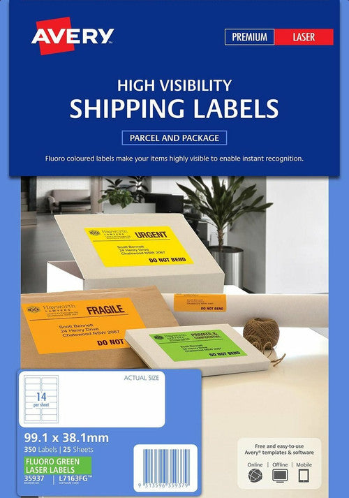 Avery Fluoro Green High Visibility Shipping Labels L7163FG 99.1 x 38.1mm 14UP 350 Pack
