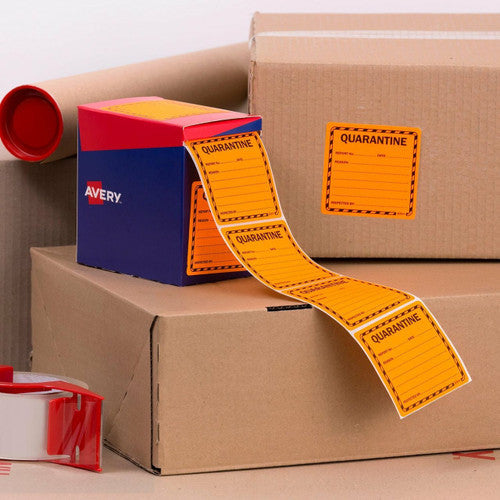 Avery Quarantine Labels Orange 75 x 74.2mm Roll 1000