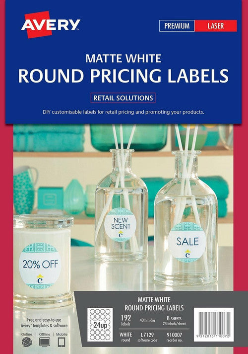 Avery Matt Round Labels L7129 40mm diameter Pack 192