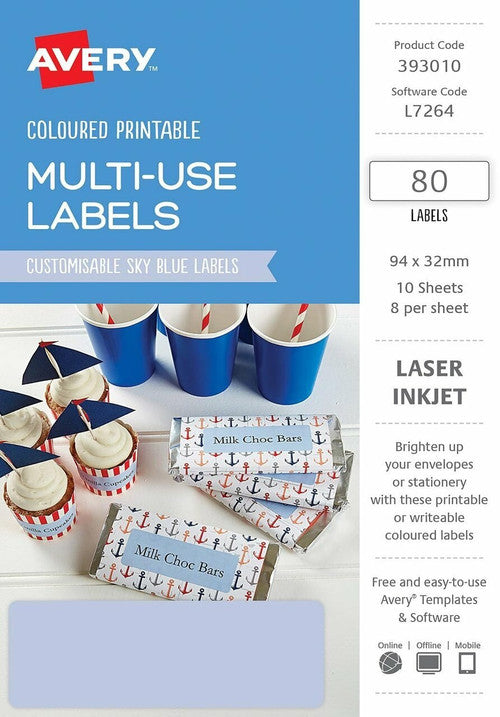 Avery Sky Blue Coloured Labels 94 x 32mm Pack 80
