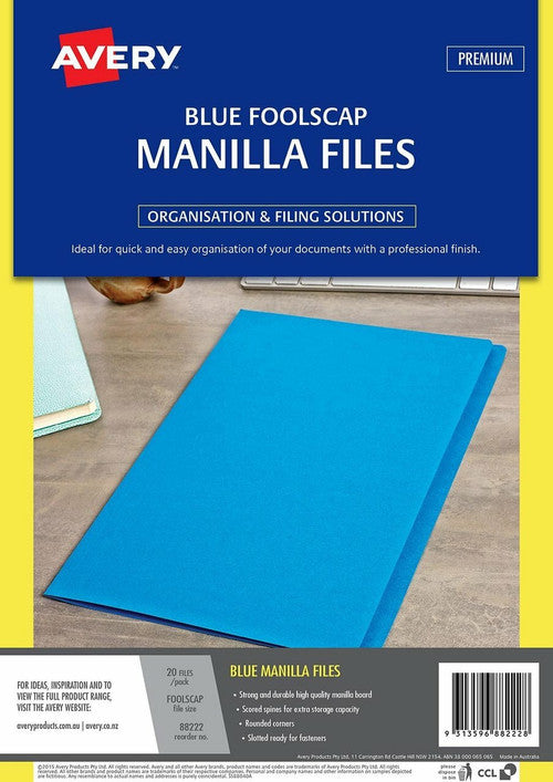 Avery Manilla Folders Foolscap Blue Pack of 20
