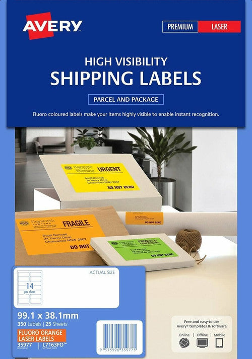 Avery Fluoro Orange High Visibility Shipping Labels L7163FO 99.1 x 38.1mm 14UP 350 Pack