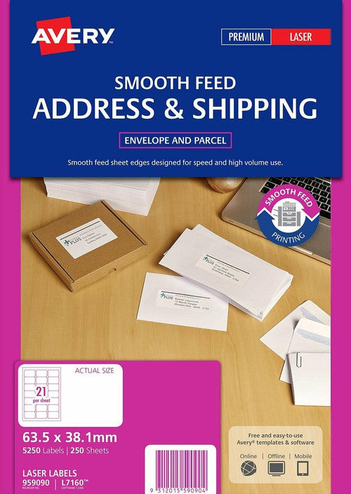 Avery White Address Labels Smooth Feed L7160 63.5 x 38.1mm 21UP 5250 Labels