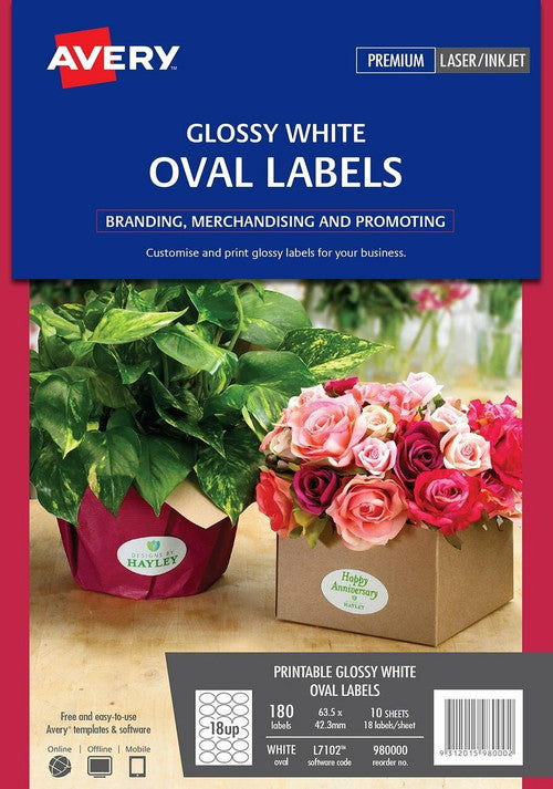 Avery Glossy Oval Labels L7102 63.5 x 42.3mm Pack 180