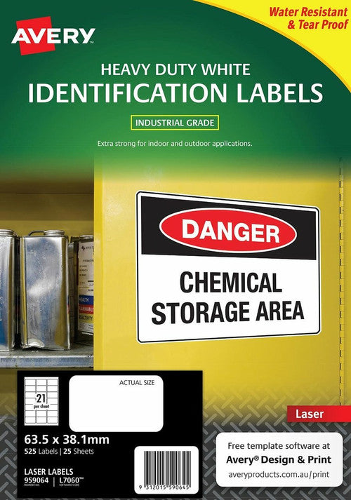 Avery White Heavy Duty Labels L7060 63.5 x 38.1mm 21UP 525 Labels
